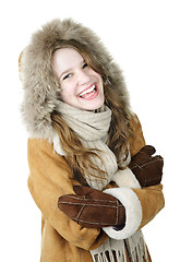 Image showing Laughing winter girl in hood