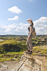 Image showing Hiker in badlands of Alberta, Canada