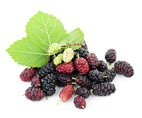 Image showing Fresh mulberries with leaves