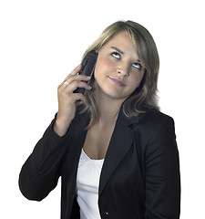 Image showing irritated business girl and mobile phone