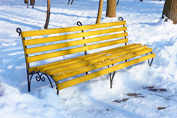 Image showing Yellow bench in winter park