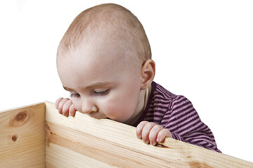 Image showing baby looking into wooden box