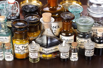 Image showing Various pharmacy bottles of homeopathic medicine