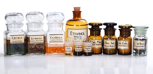 Image showing Various pharmacy bottles of homeopathic medicine