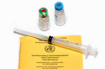 Image showing certificates of vaccination booklet and syringe