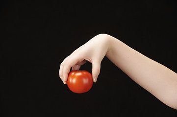 Image showing Childs hand with tomatoe