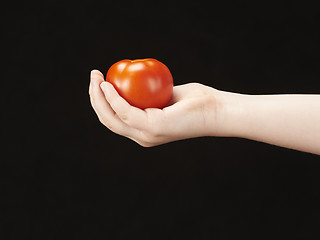 Image showing Childs hand with tomatoe and palm facing up