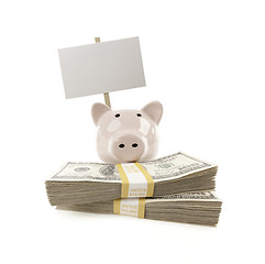 Image showing Pink Piggy Bank with Stacks of Money and Blank Sign