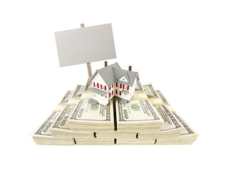 Image showing Small House on Stacks of Hundred Dollar Bills and Blank Sign