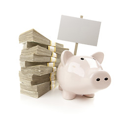 Image showing Pink Piggy Bank with Stacks of Money and Blank Sign