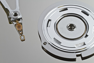 Image showing read write head in hard disk drive with platterand spindle