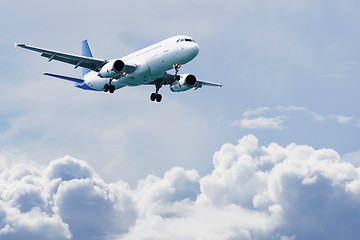 Image showing Passenger airliner flies above the clouds