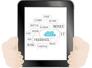 Image showing tablet pc with SEO sign and tags on optimization theme