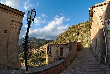 Image showing Fisheye view of medieval village of Savoca in Sicily, Italy, at sunset