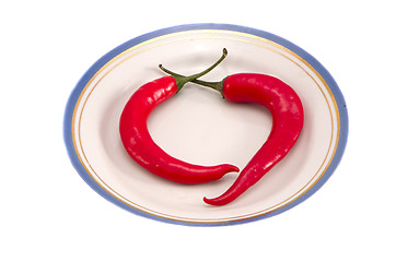 Image showing Two red hot chili pepper dish. Healthy nutrition 