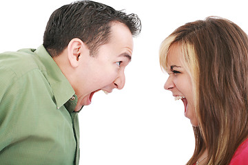 Image showing Portrait of a man and woman yelling at each other against white background