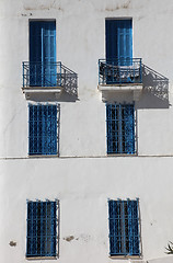 Image showing Sidi Bou Said - typical building with white walls, blue doors and windows