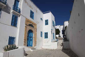 Image showing Sidi Bou Said - typical building with white walls, blue doors and windows