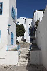 Image showing Sidi Bou Said - typical building with white walls, blue doors and windows