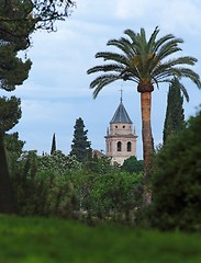 Image showing Church in Alhambra palace seen from Alhambra gardens