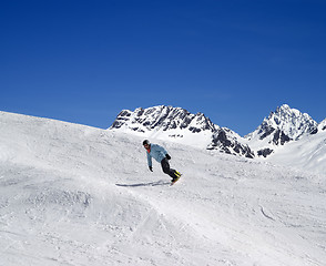 Image showing Snowboarding in high mountains