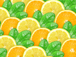 Image showing Bbstract background of orange and lemon with green leaf
