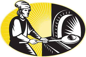 Image showing medieval baker baking bread pan oven retro