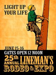 Image showing power lineman electrician repairman climbing electric pole