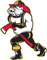 Image showing bulldog dog fireman with axe walking cartoon