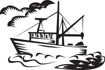 Image showing commercial fishing boat ship sea woodcut