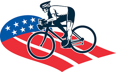 Image showing Cyclist riding racing bike star and stripes flag