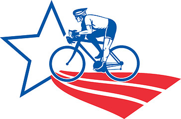 Image showing Cyclist riding racing bike star and stripes