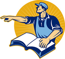 Image showing worker tradesman man read book pointing
