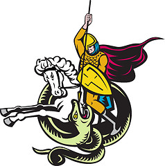 Image showing knight riding horse fighting dragon snake