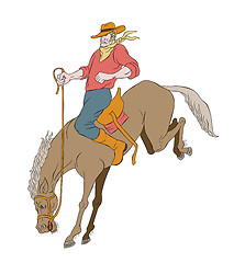 Image showing rodeo cowboy riding bucking horse bronco