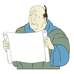 Image showing Asian Japanese old man holding a blank paper scroll