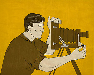 Image showing Cameraman vintage movie film camera shooting 