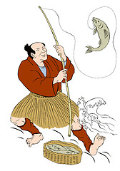 Image showing Japanese fisherman fishing catching trout fish