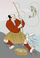 Image showing Japanese fisherman fishing catching trout fish