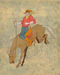 Image showing rodeo cowboy riding bucking horse bronco