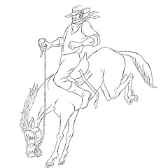 Image showing rodeo cowboy riding bucking horse bronco