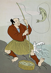 Image showing Japanese fisherman fishing catching trout fish