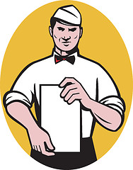 Image showing Waiter holding a blank menu paper