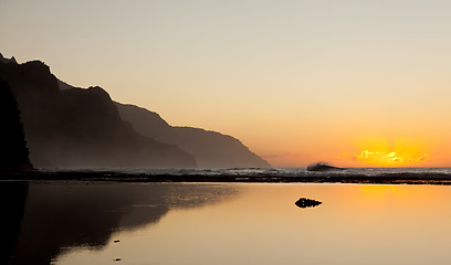 Image showing Misty sunset on Na Pali coastline