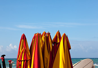 Image showing Tied up beach umbrellas by seaside