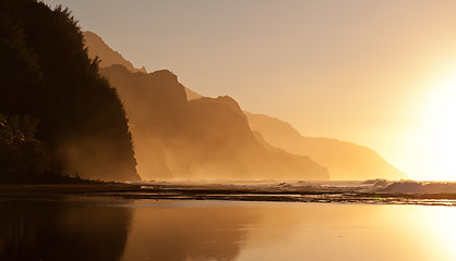 Image showing Misty sunset on Na Pali coastline