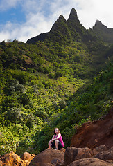 Image showing Girl hiking Kalalau trail in Kauai