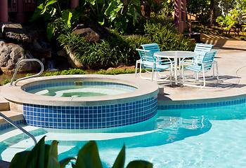 Image showing Pool and hot tub with table