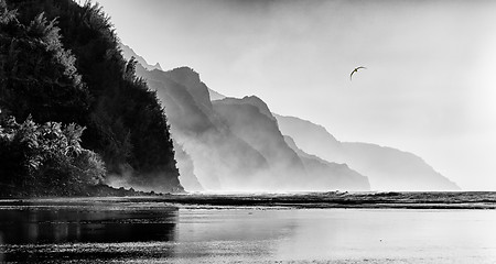 Image showing Misty sunset on Na Pali coastline