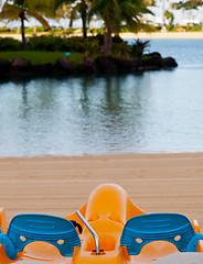 Image showing Pedalos on beach by ocean